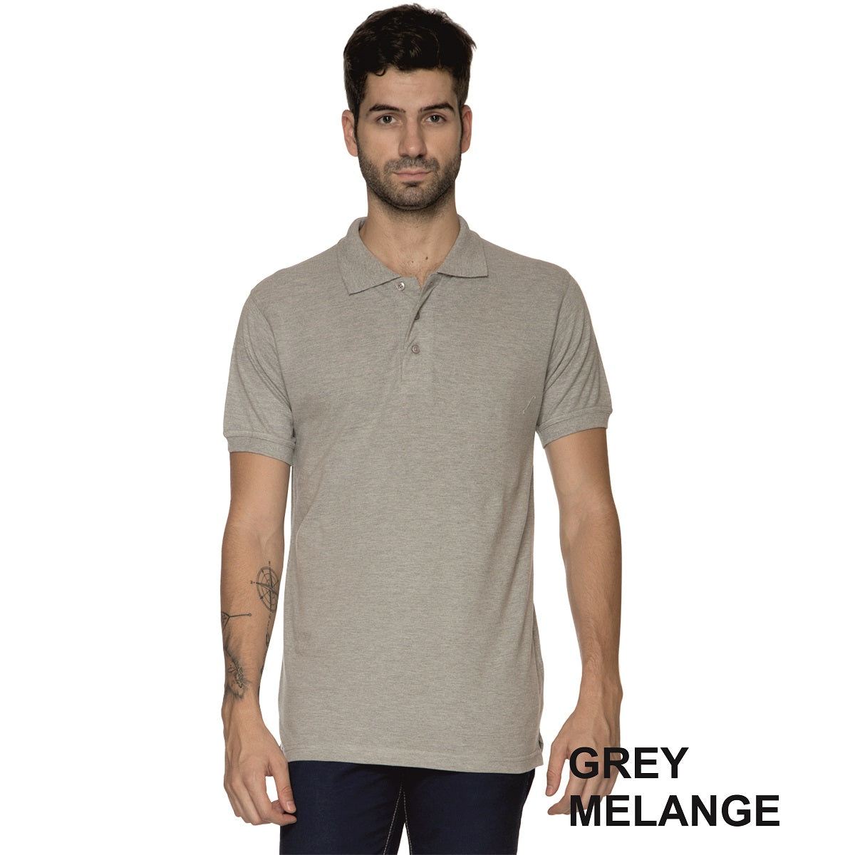 Men Grey Melange Solid Polo Collar T-Shirts