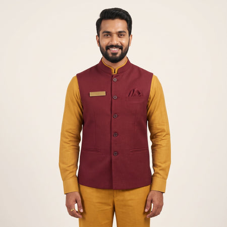 Maroon Nehru Vest with Mustard Kurta F&B Uniform Set