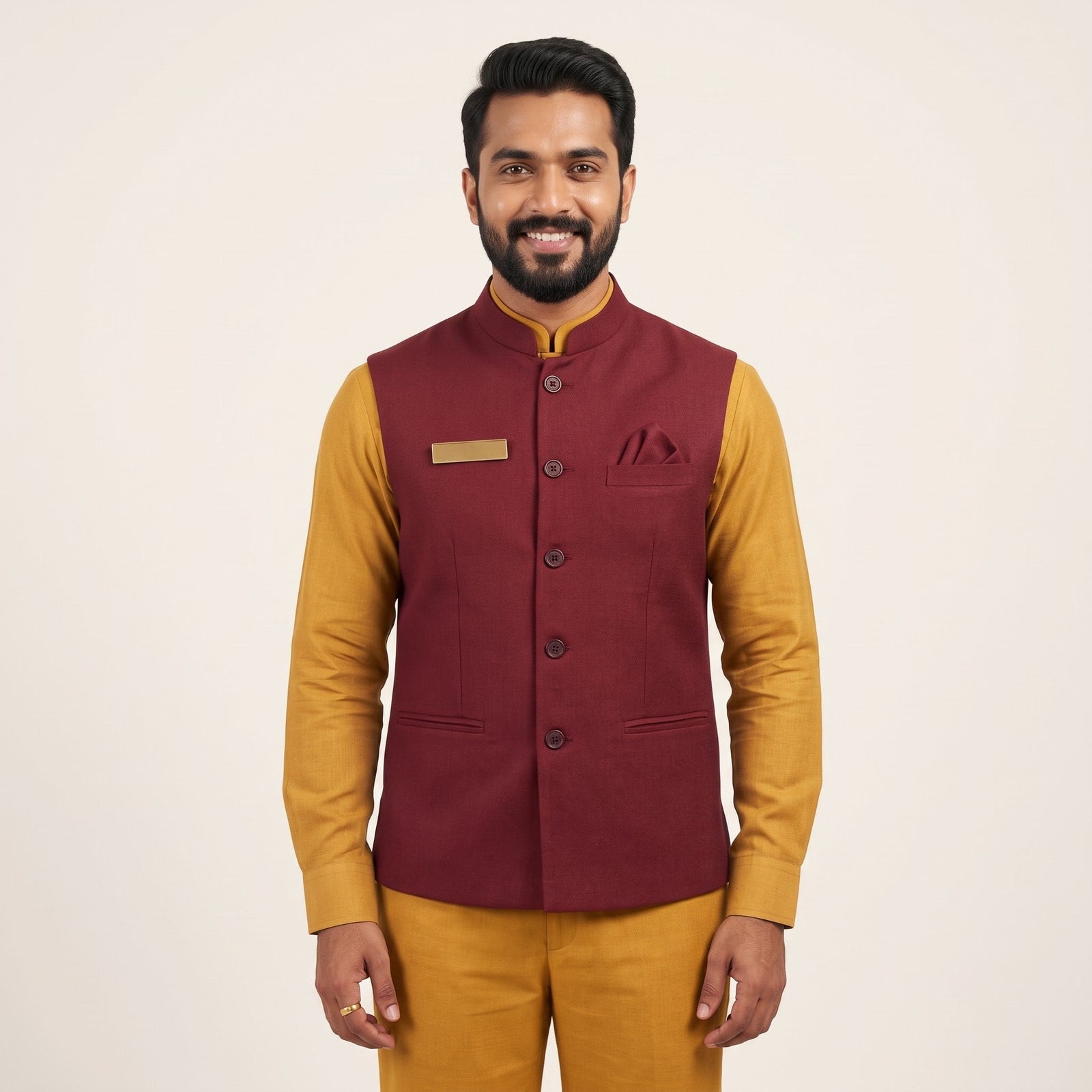 Maroon Nehru Vest with Mustard Kurta F&B Uniform Set