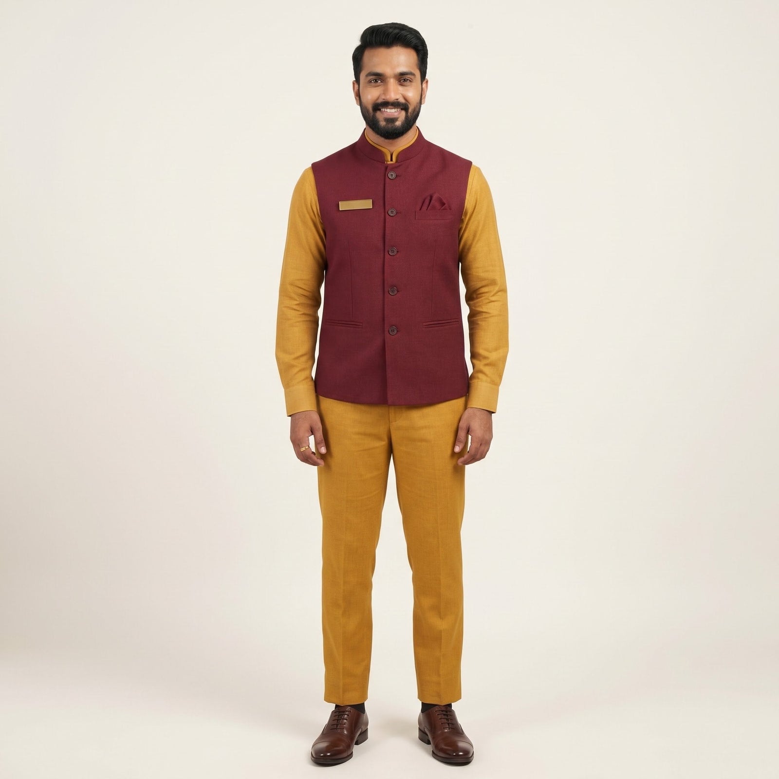 Maroon Nehru Vest with Mustard Kurta F&B Uniform Set