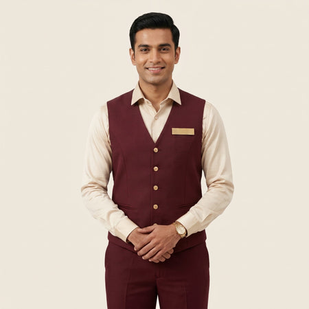 Maroon Waistcoat with Gold Scarf Banquet Service Uniform Set