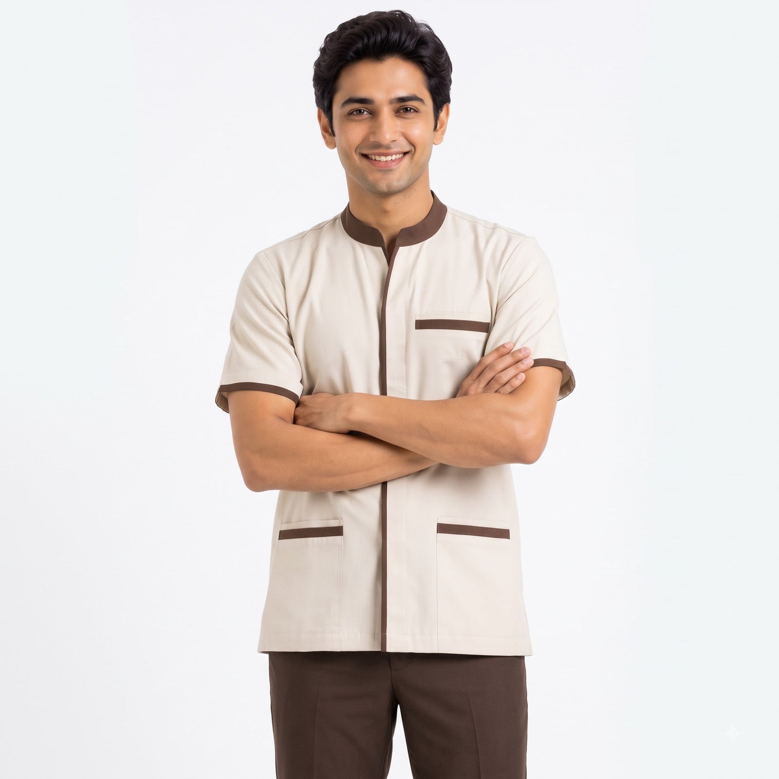 Ivory Housekeeping Uniform with Brown Tipping