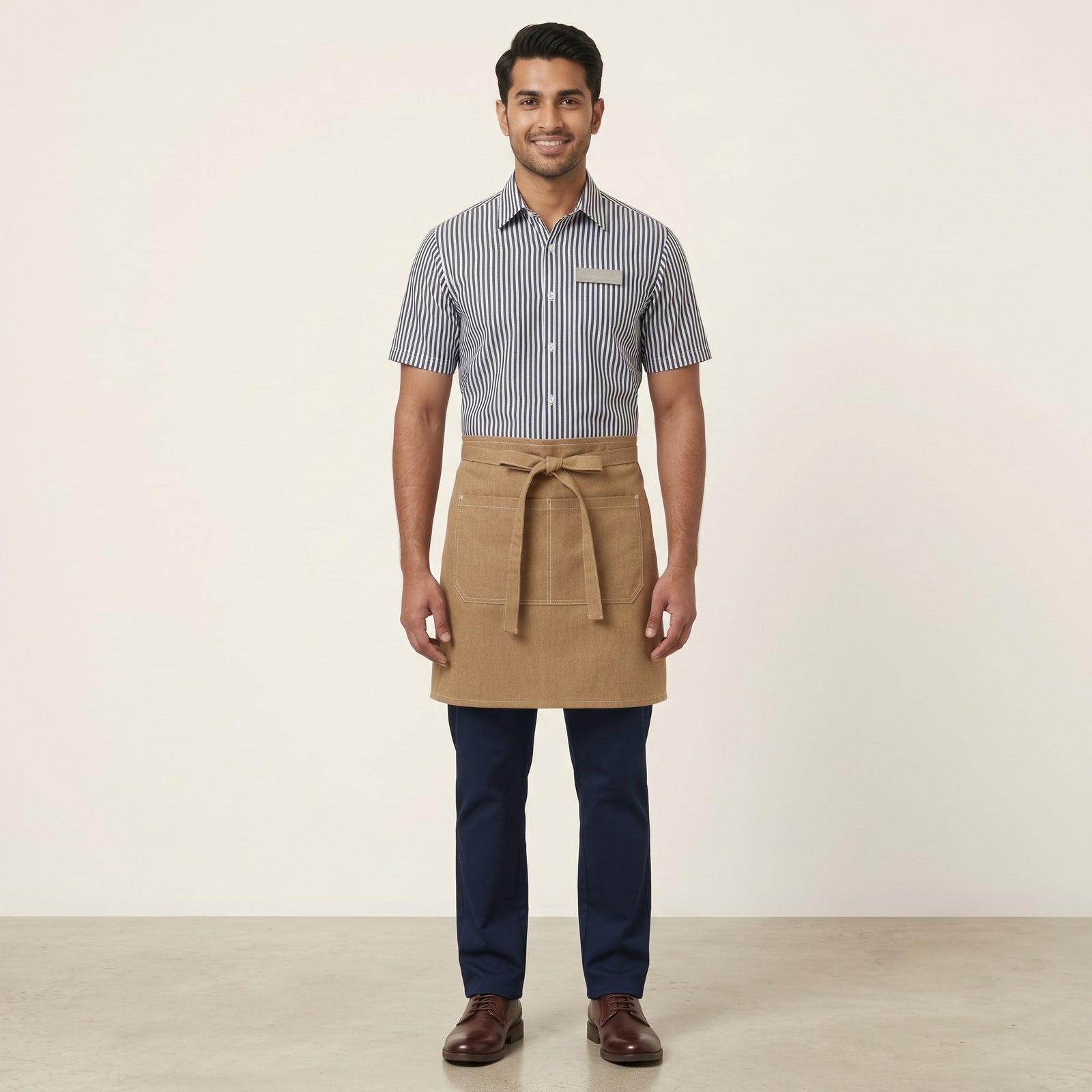 Striped Shirt with Tan Waist Apron Café Staff Uniform Set