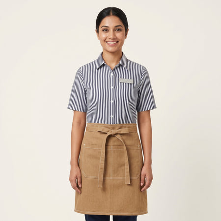 Striped Shirt with Tan Waist Apron Café Staff Uniform Set