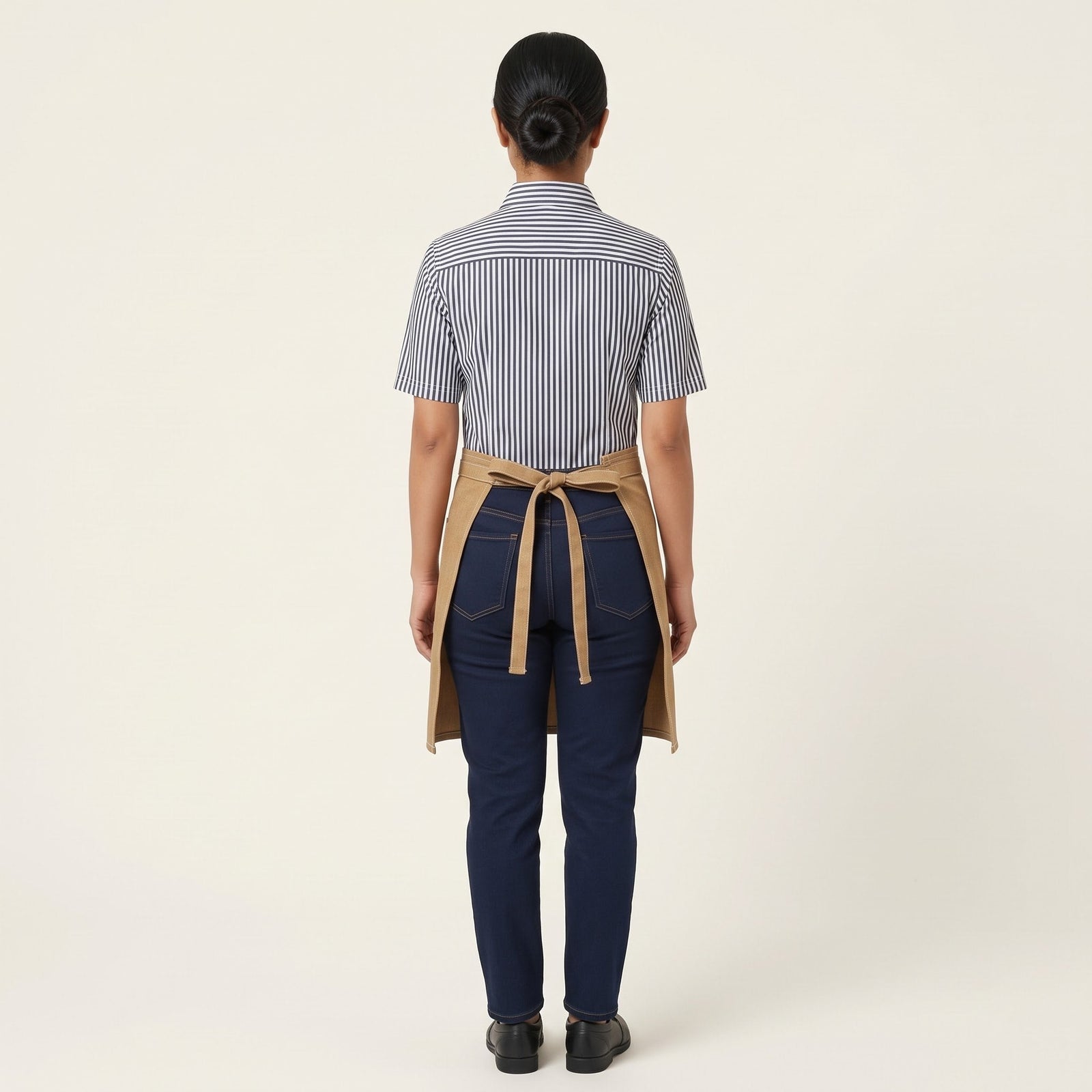 Striped Shirt with Tan Waist Apron Café Staff Uniform Set