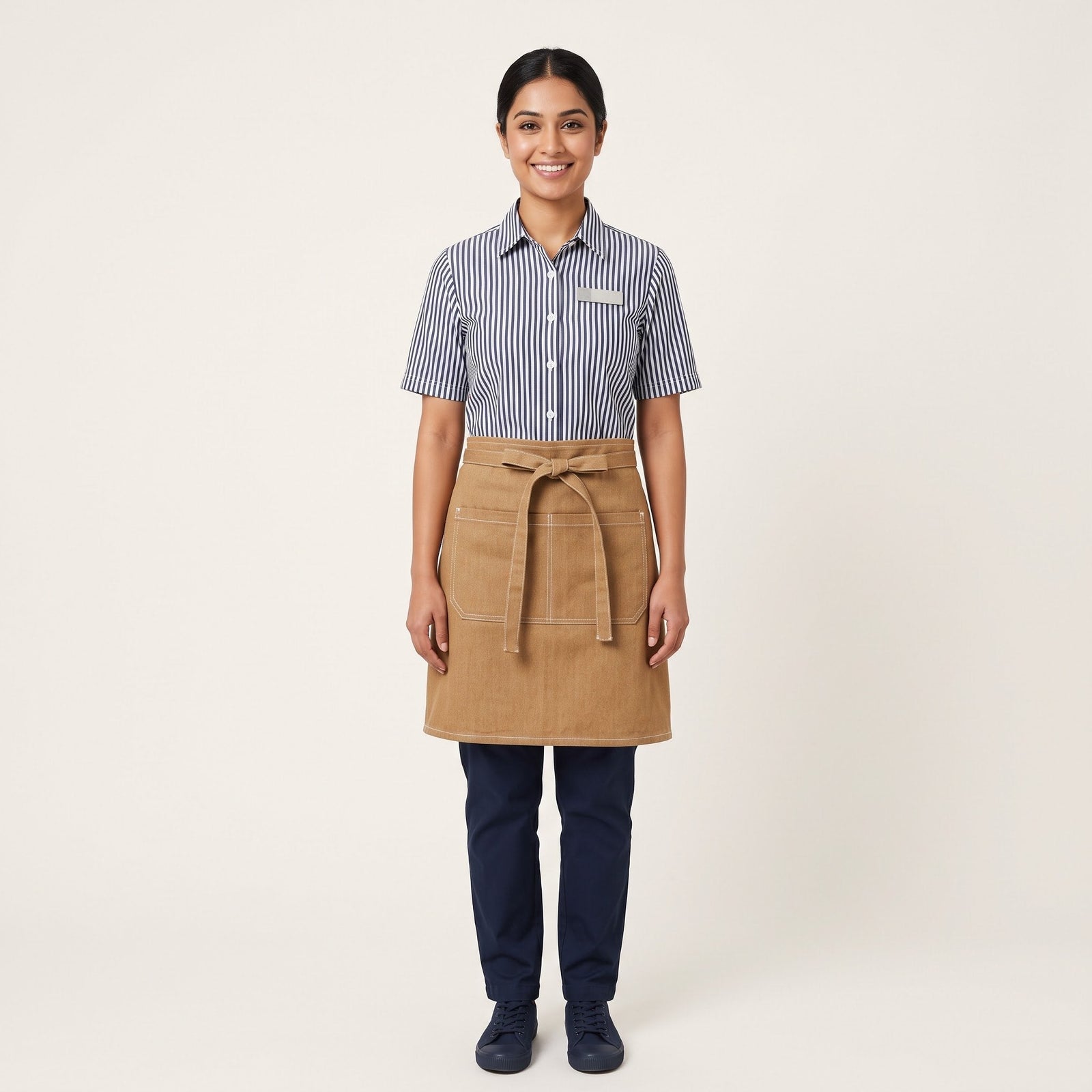 Striped Shirt with Tan Waist Apron Café Staff Uniform Set