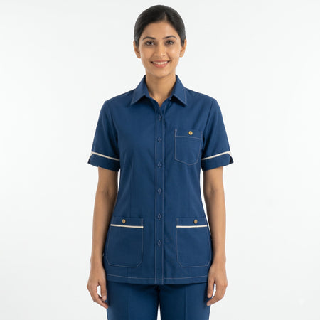 Navy Blue Housekeeping Uniform with Contrast Tipping