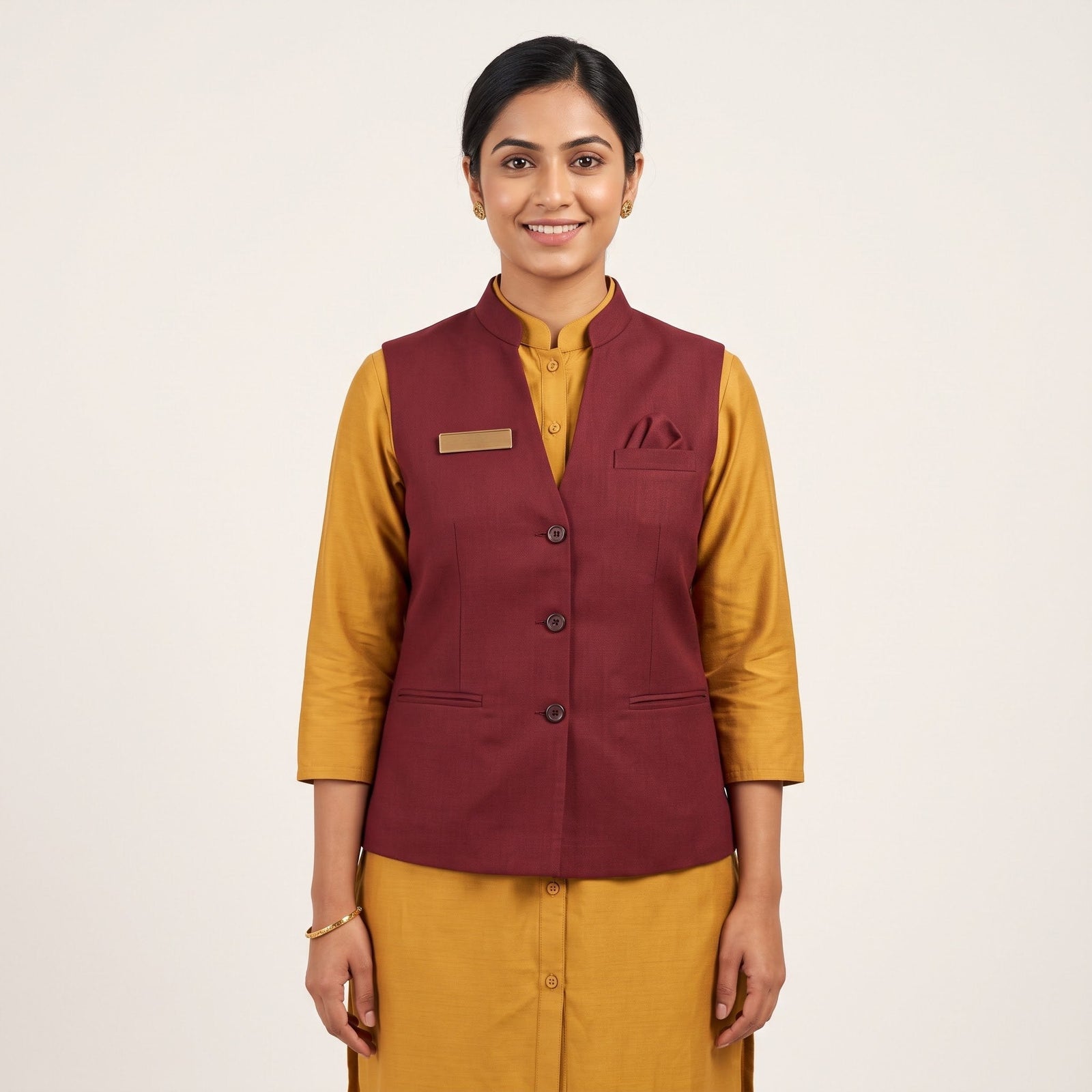 Maroon Nehru Vest with Mustard Kurta F&B Uniform Set