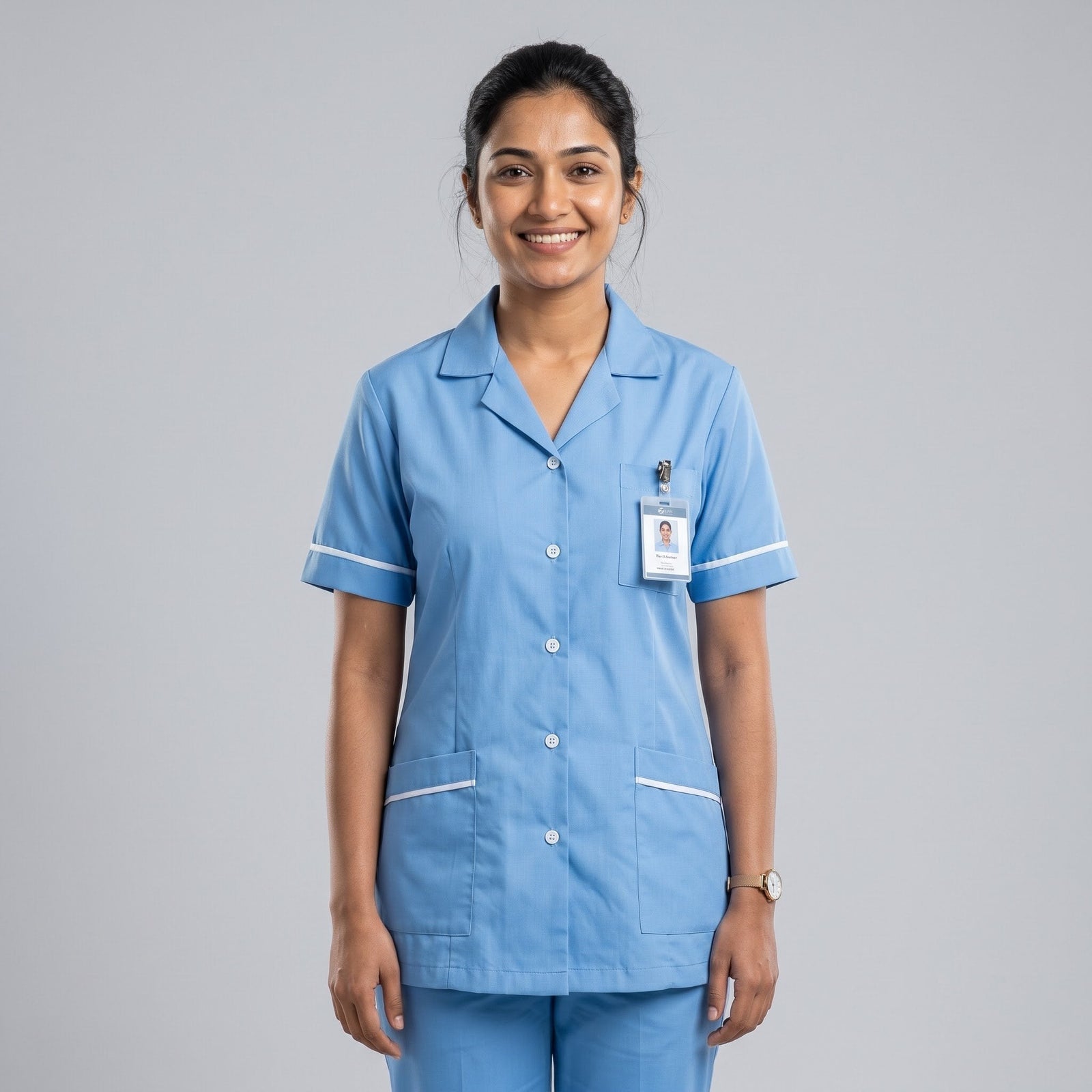 Sky blue Women's Nurse Uniform, Half Sleeve with White Piping