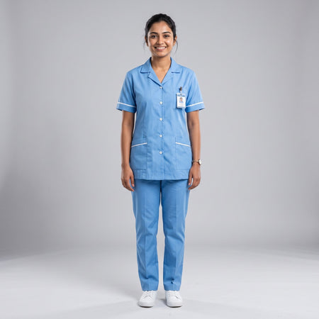 Sky blue Women's Nurse Uniform, Half Sleeve with White Piping