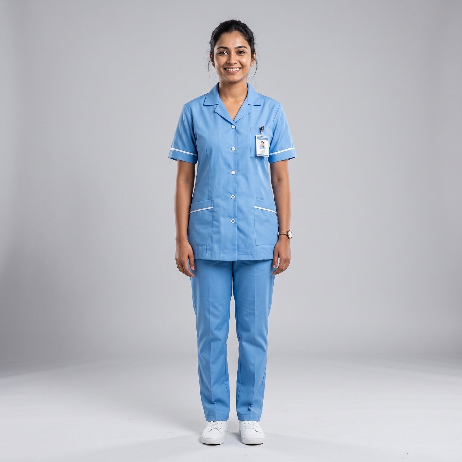 Sky blue Women's Nurse Uniform, Half Sleeve with White Piping