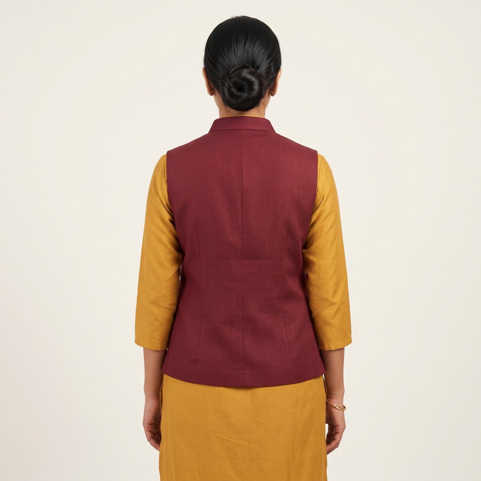 Maroon Nehru Vest with Mustard Kurta F&B Uniform Set