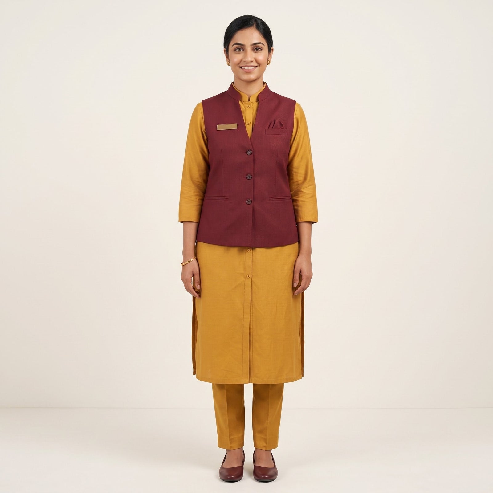 Maroon Nehru Vest with Mustard Kurta F&B Uniform Set