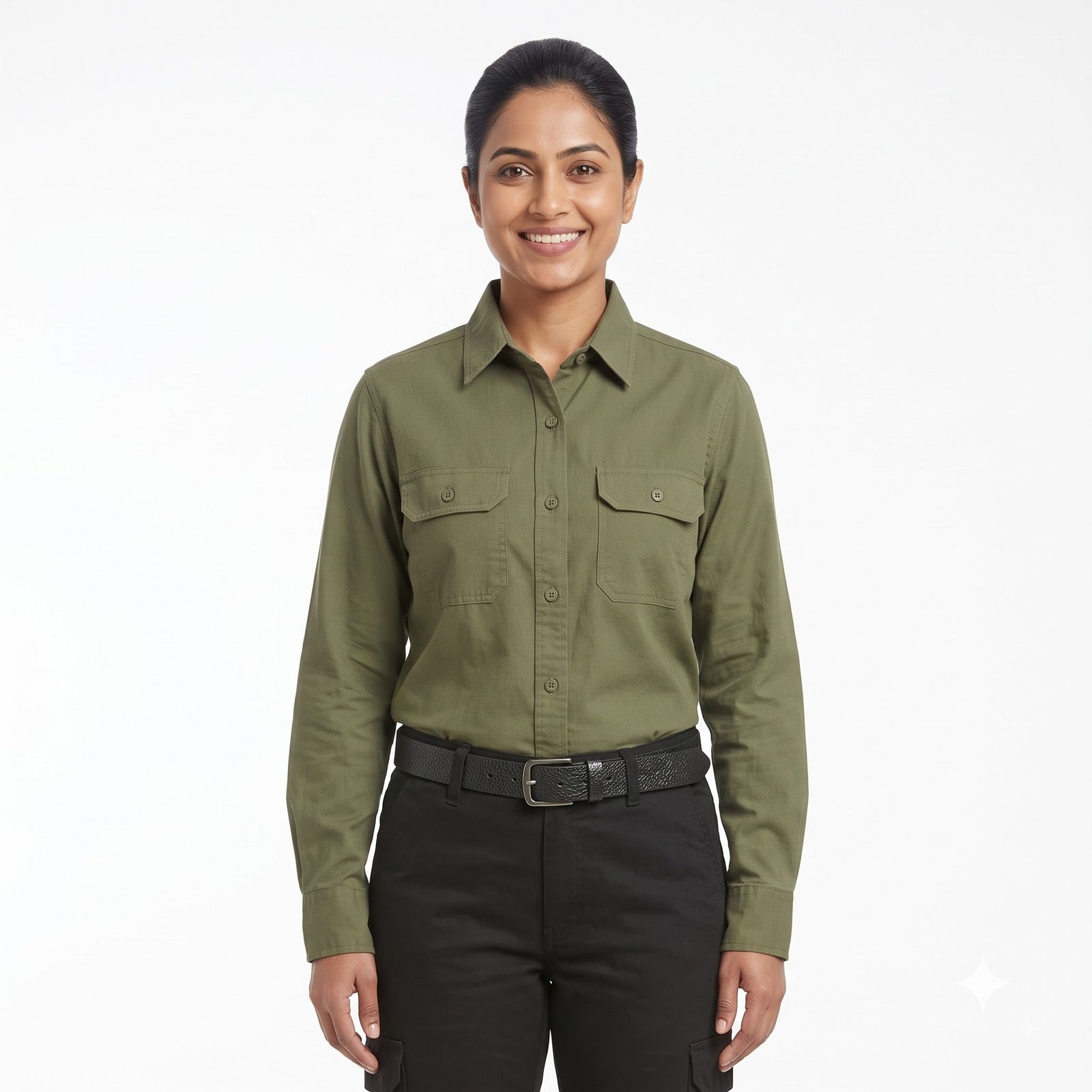 Men & Women Olive Green Shirt Black Trouser Work Uniform Set