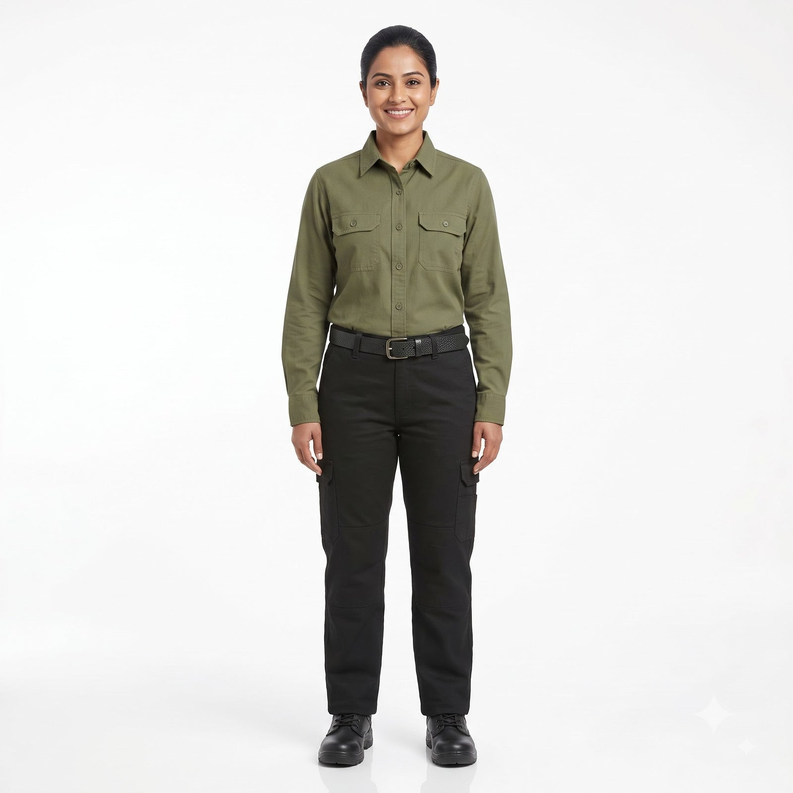 Men & Women Olive Green Shirt Black Trouser Work Uniform Set