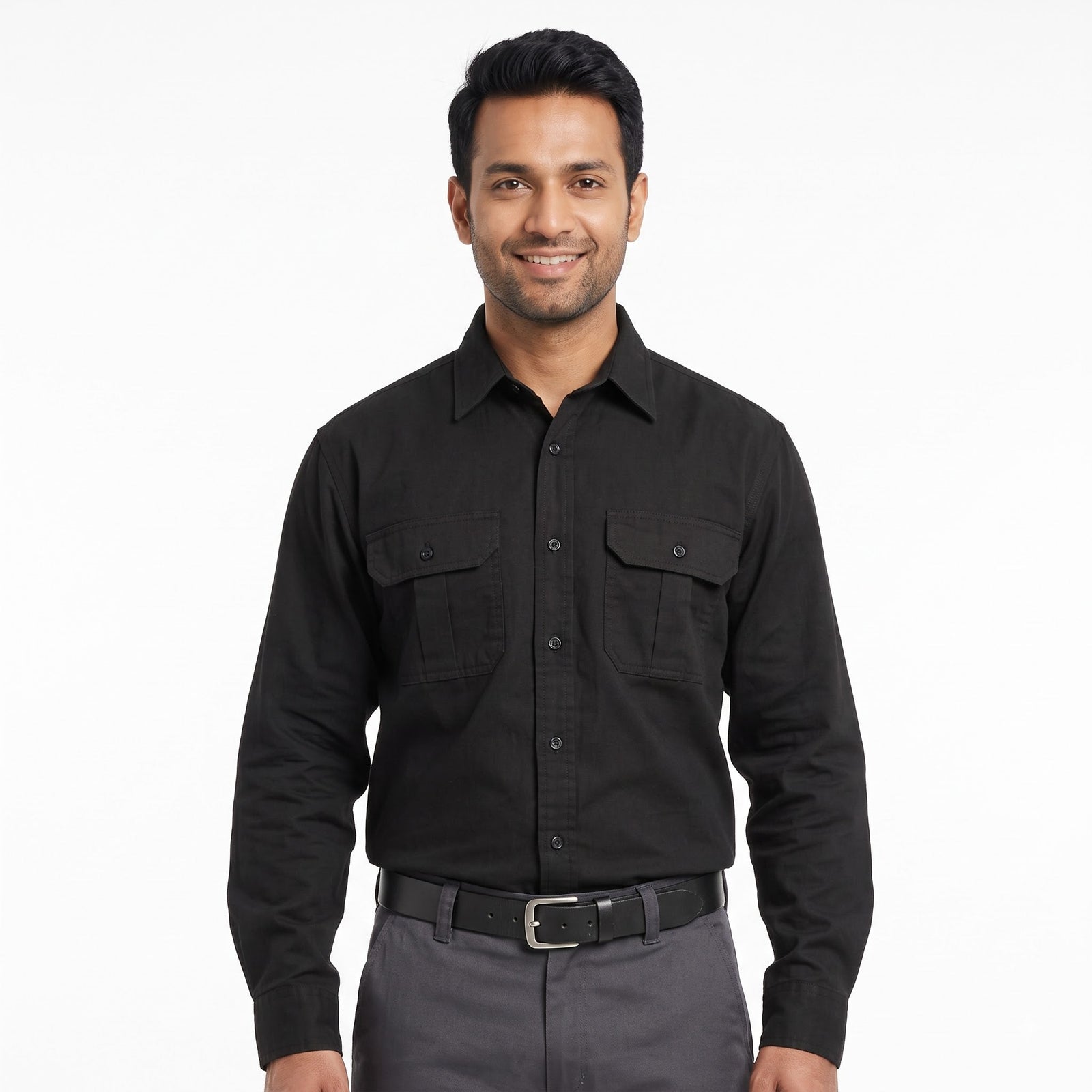 Men & Women Black Shirt Dark Grey Trouser Work Uniform Set