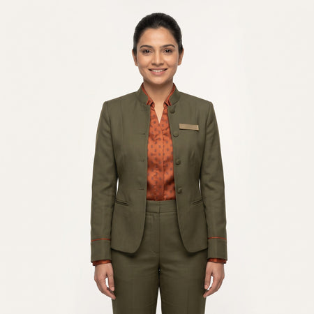Women's Olive Mandarin Collar Jacket Reception Uniform Set