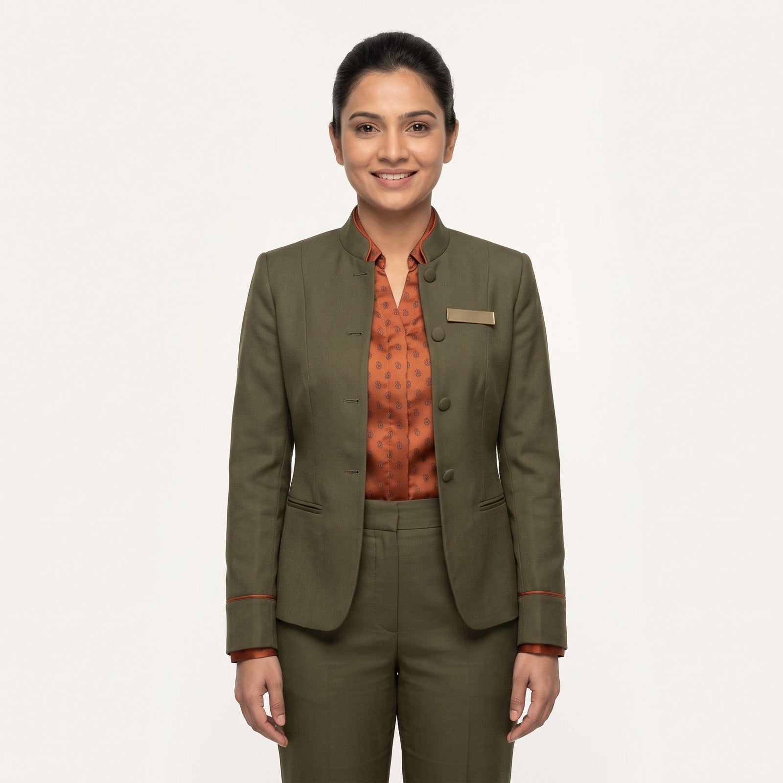 Women's Olive Mandarin Collar Jacket Reception Uniform Set