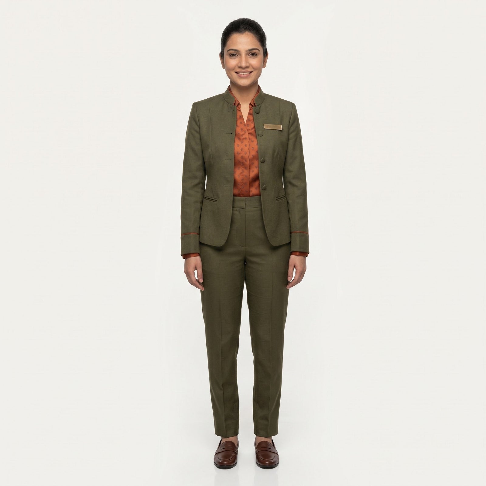 Women's Olive Mandarin Collar Jacket Reception Uniform Set