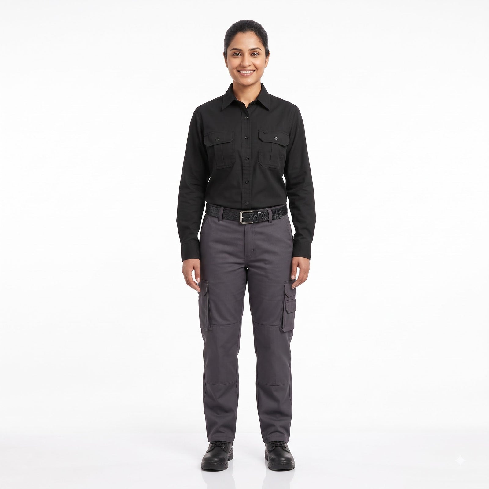 Men & Women Black Shirt Dark Grey Trouser Work Uniform Set
