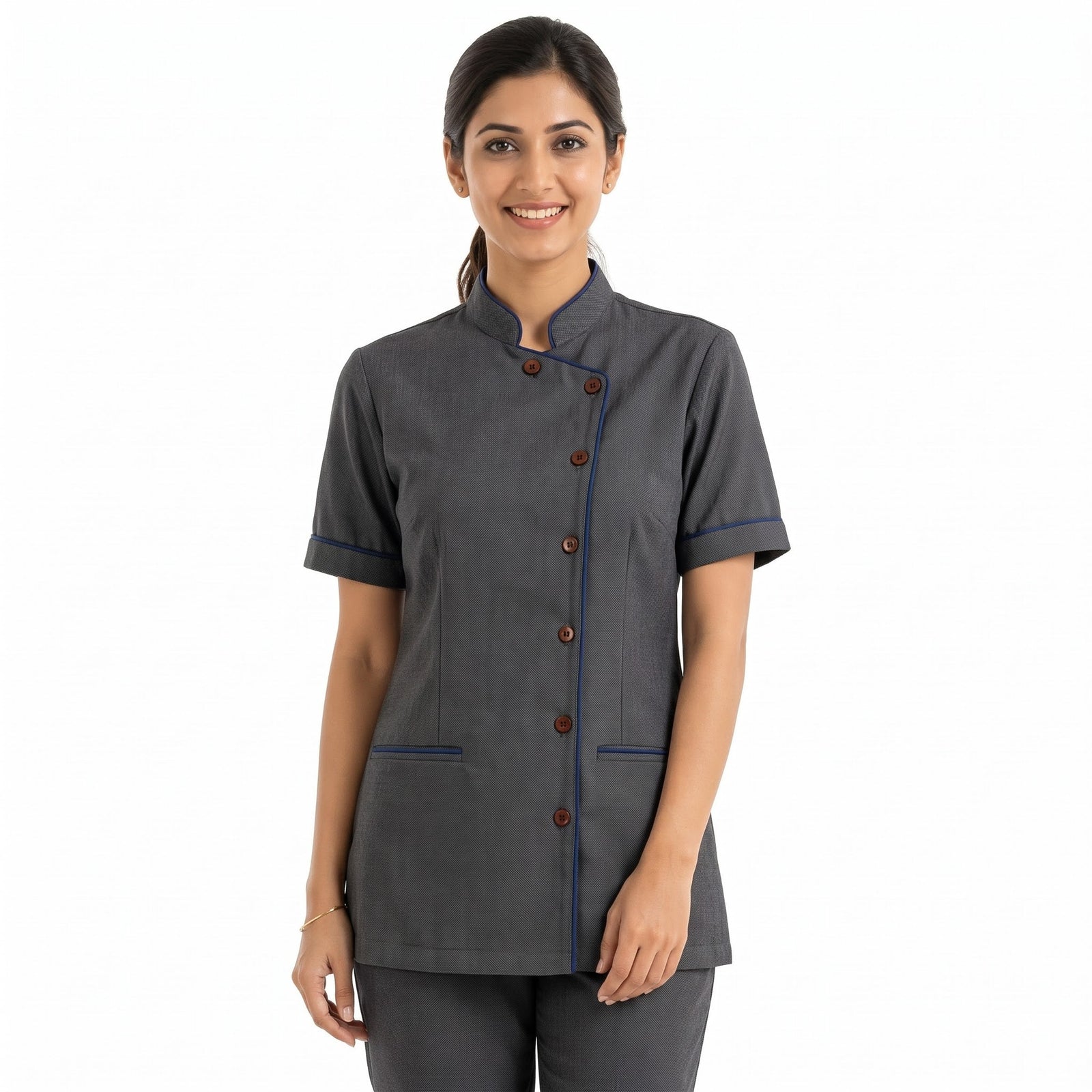 Charcoal Grey Housekeeping Uniform with Navy Blue Tipping