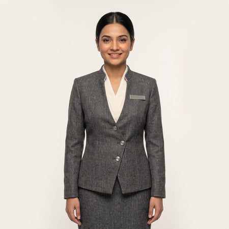 Women's Grey Textured Jacket Front Office Uniform Set