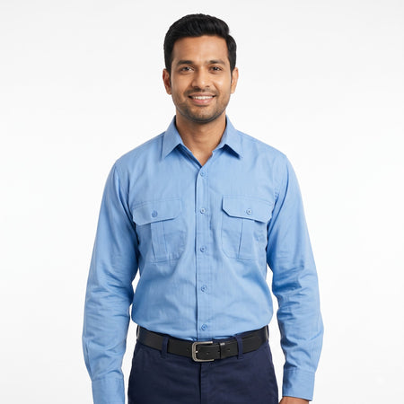 Men & Women Sky Blue Shirt Navy Trouser Work Uniform Set