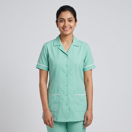 Mint green Women's Nurse Uniform, Half Sleeve with White Piping