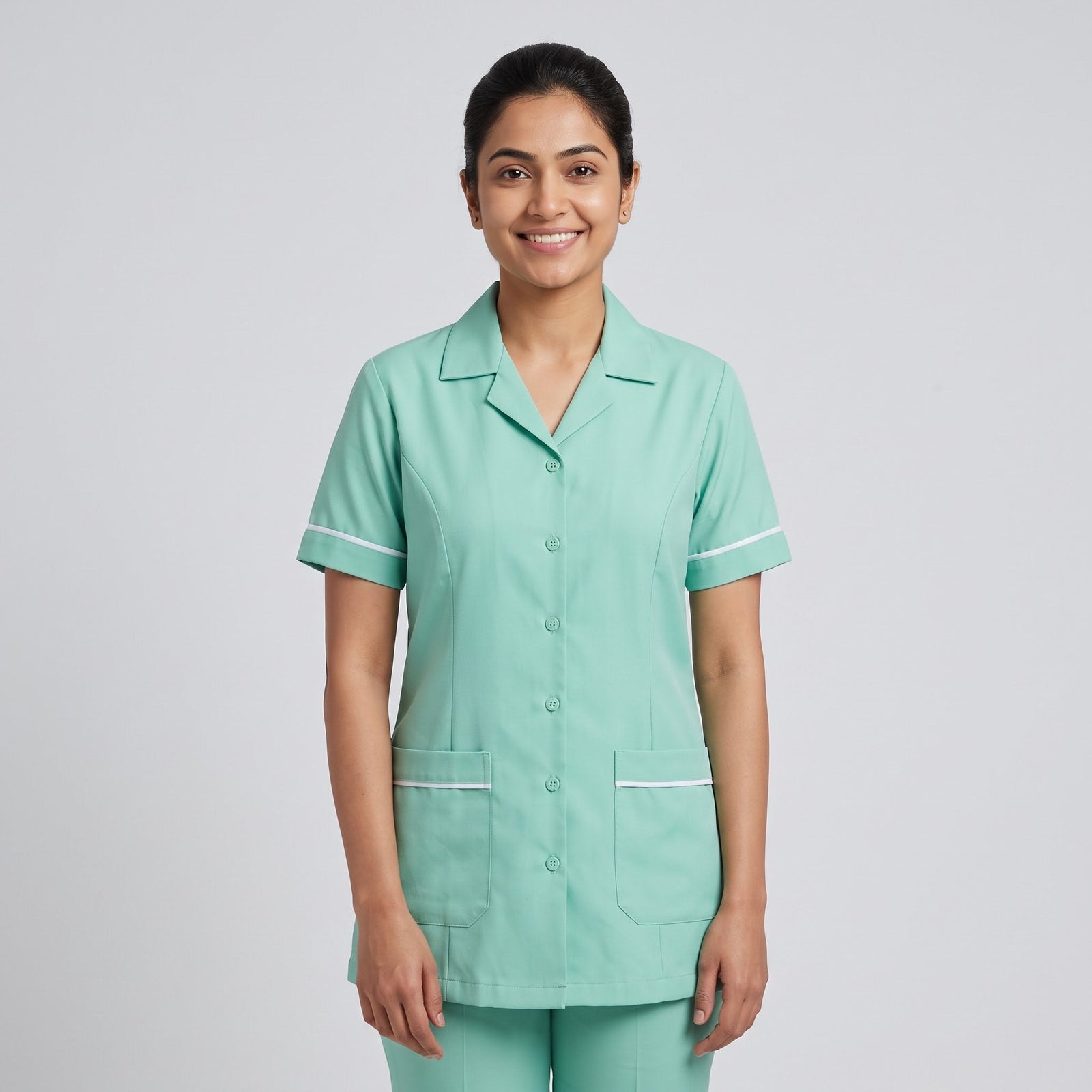 Mint green Women's Nurse Uniform, Half Sleeve with White Piping