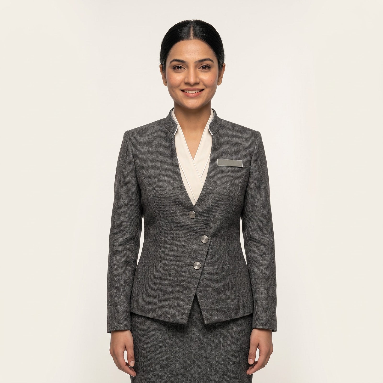 Women's Grey Textured Jacket Front Office Uniform Set
