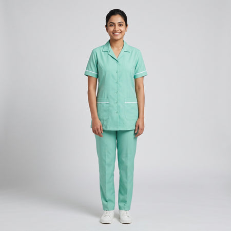 Mint green Women's Nurse Uniform, Half Sleeve with White Piping