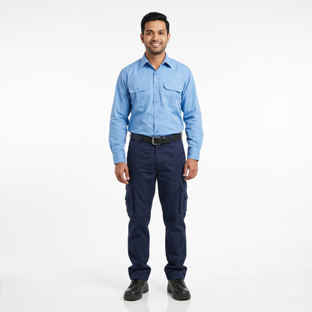 Men & Women Sky Blue Shirt Navy Trouser Work Uniform Set