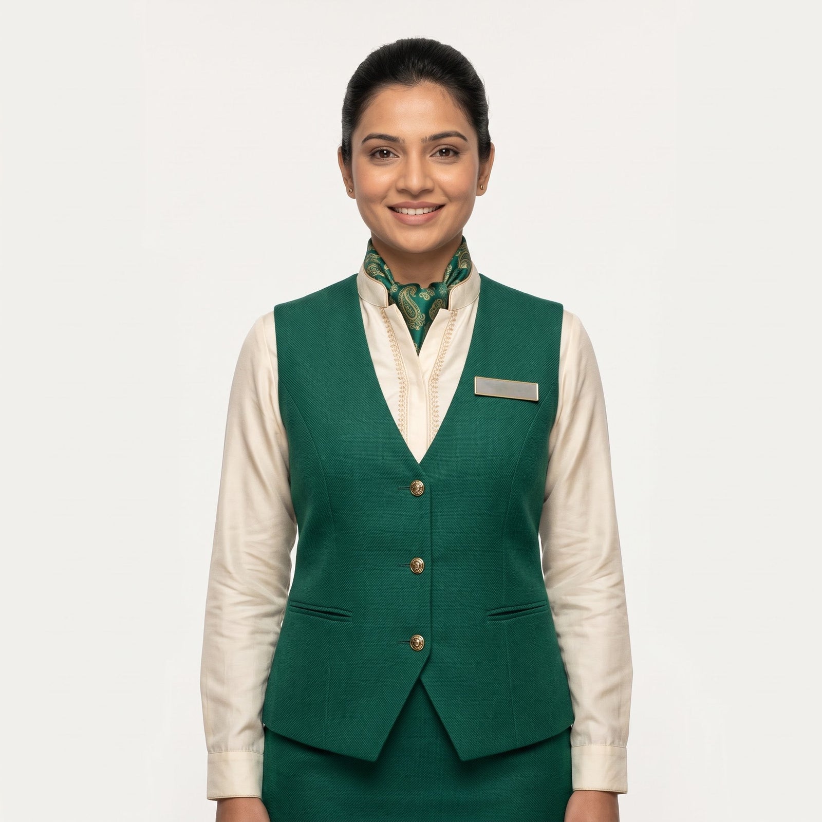 Women's Emerald Green Waistcoat Reception Uniform Set with Scarf