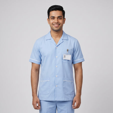 Pastel blue Men's Nurse Uniform, Half Sleeve with White Piping
