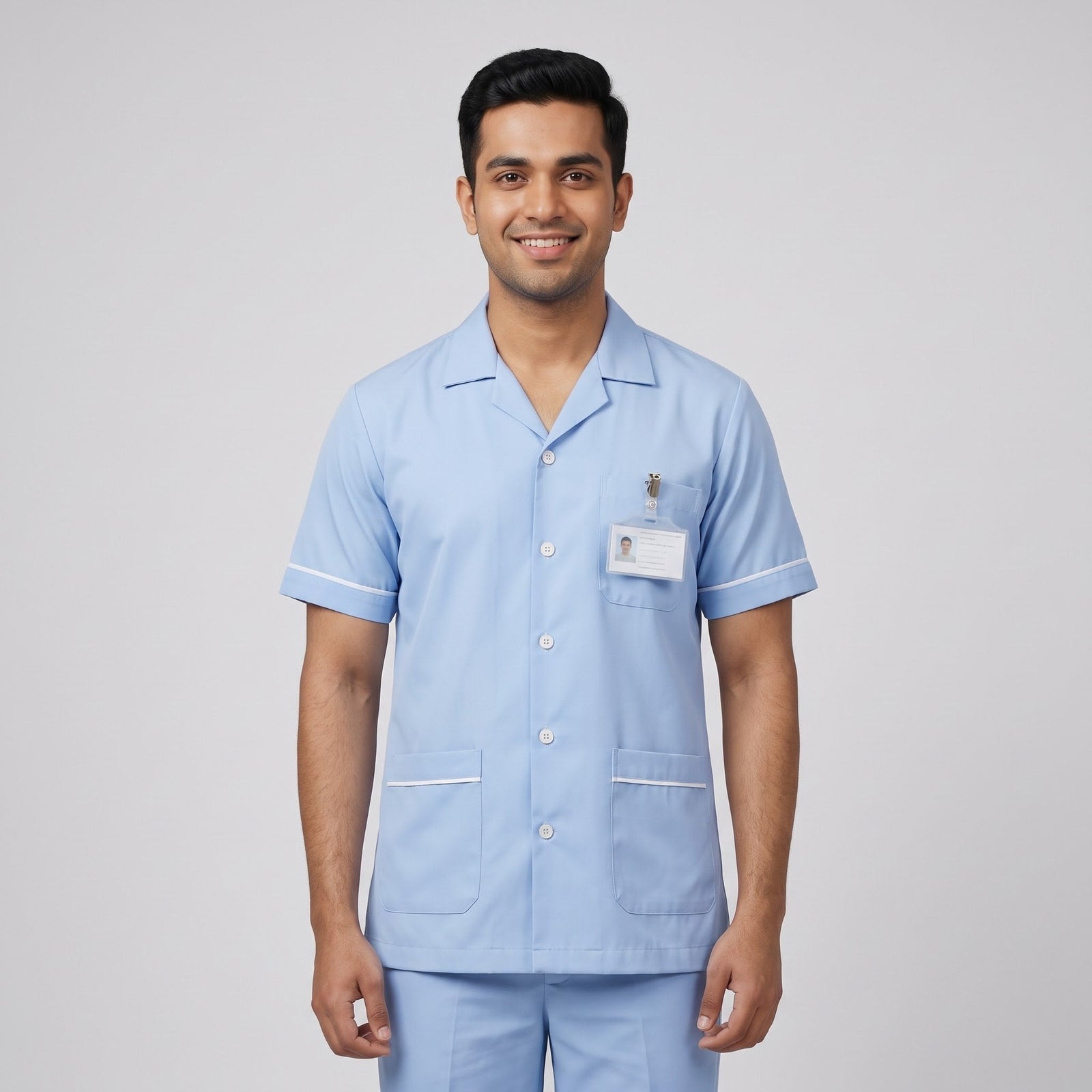 Pastel blue Men's Nurse Uniform, Half Sleeve with White Piping