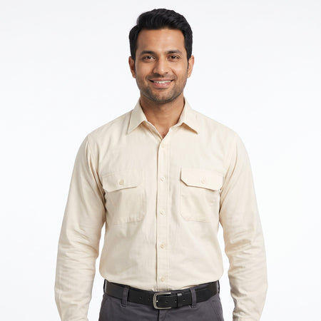 Men & Women Cream Shirt Dark Grey Trouser Work Uniform Set