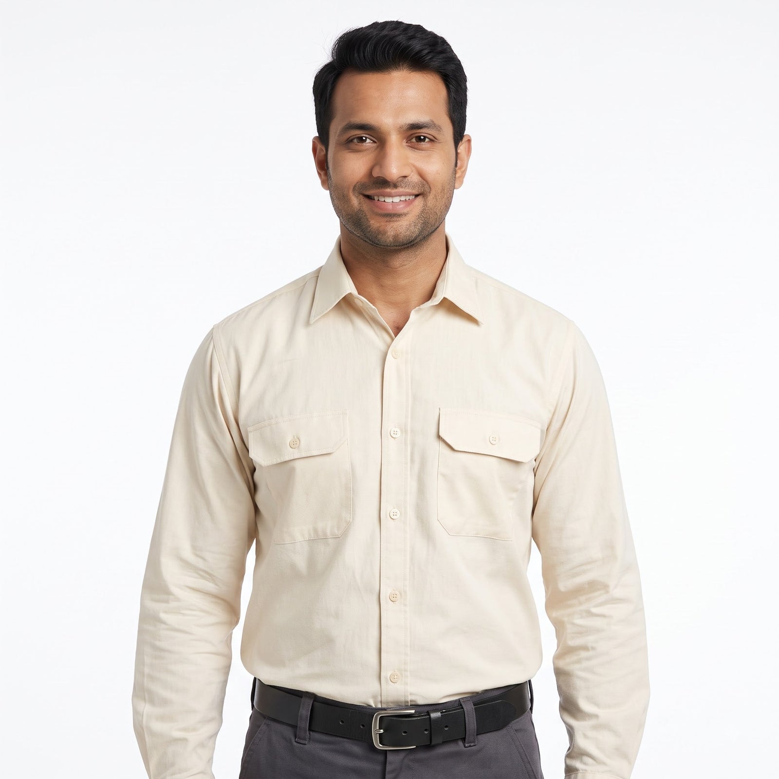 Men & Women Cream Shirt Dark Grey Trouser Work Uniform Set