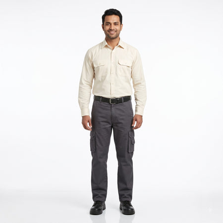 Men & Women Cream Shirt Dark Grey Trouser Work Uniform Set