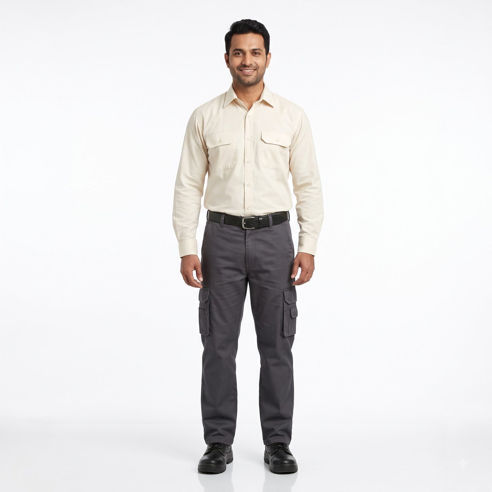 Men & Women Cream Shirt Dark Grey Trouser Work Uniform Set