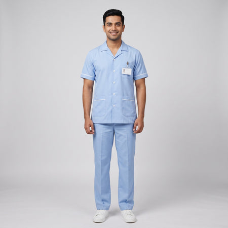 Pastel blue Men's Nurse Uniform, Half Sleeve with White Piping