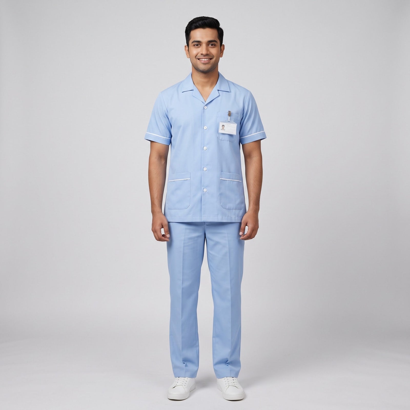 Pastel blue Men's Nurse Uniform, Half Sleeve with White Piping