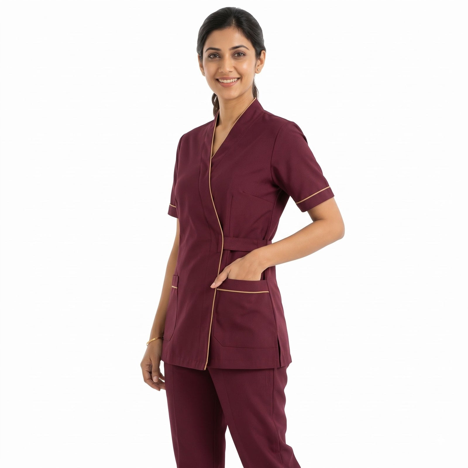 Burgundy Housekeeping Uniform with Gold Tipping