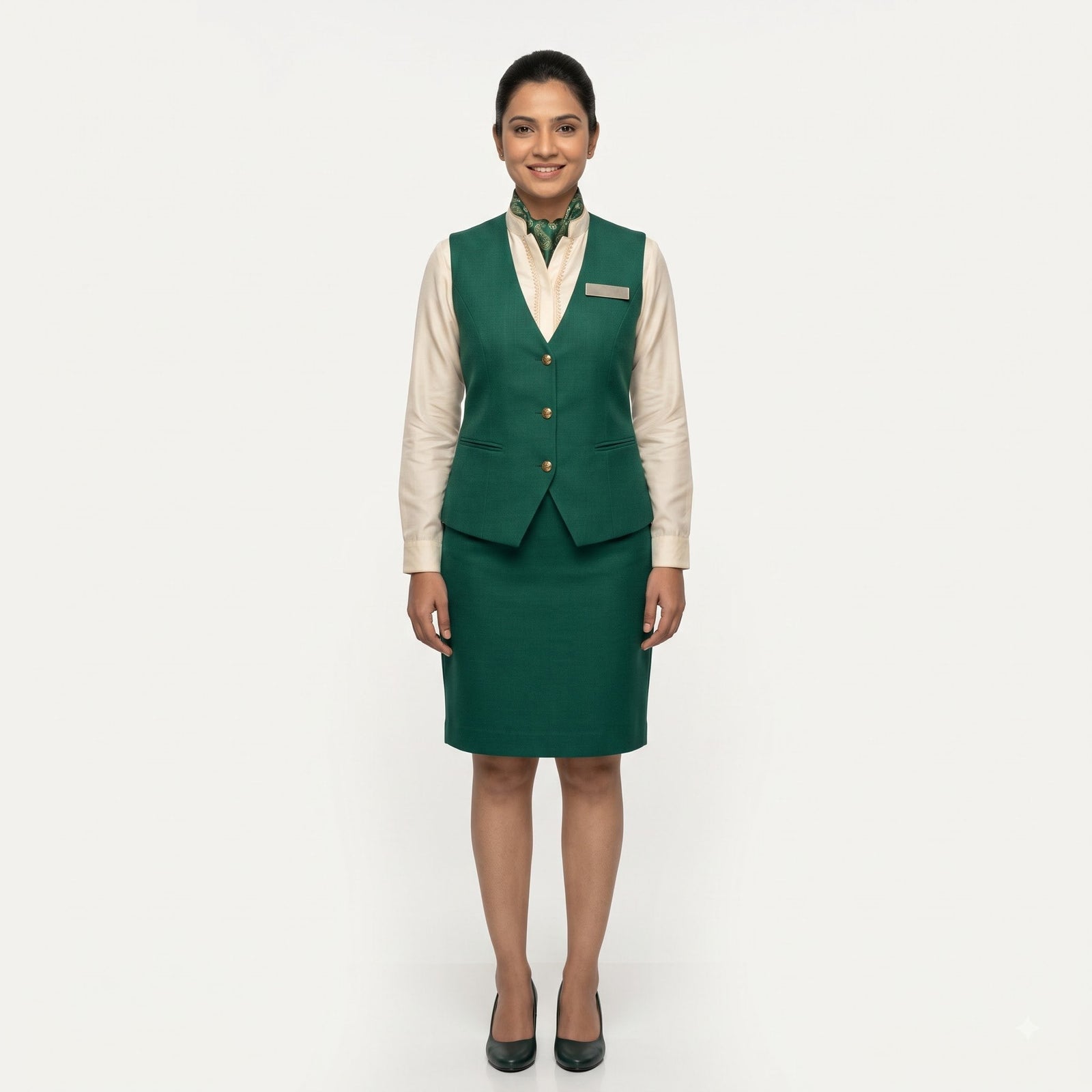Women's Emerald Green Waistcoat Reception Uniform Set with Scarf