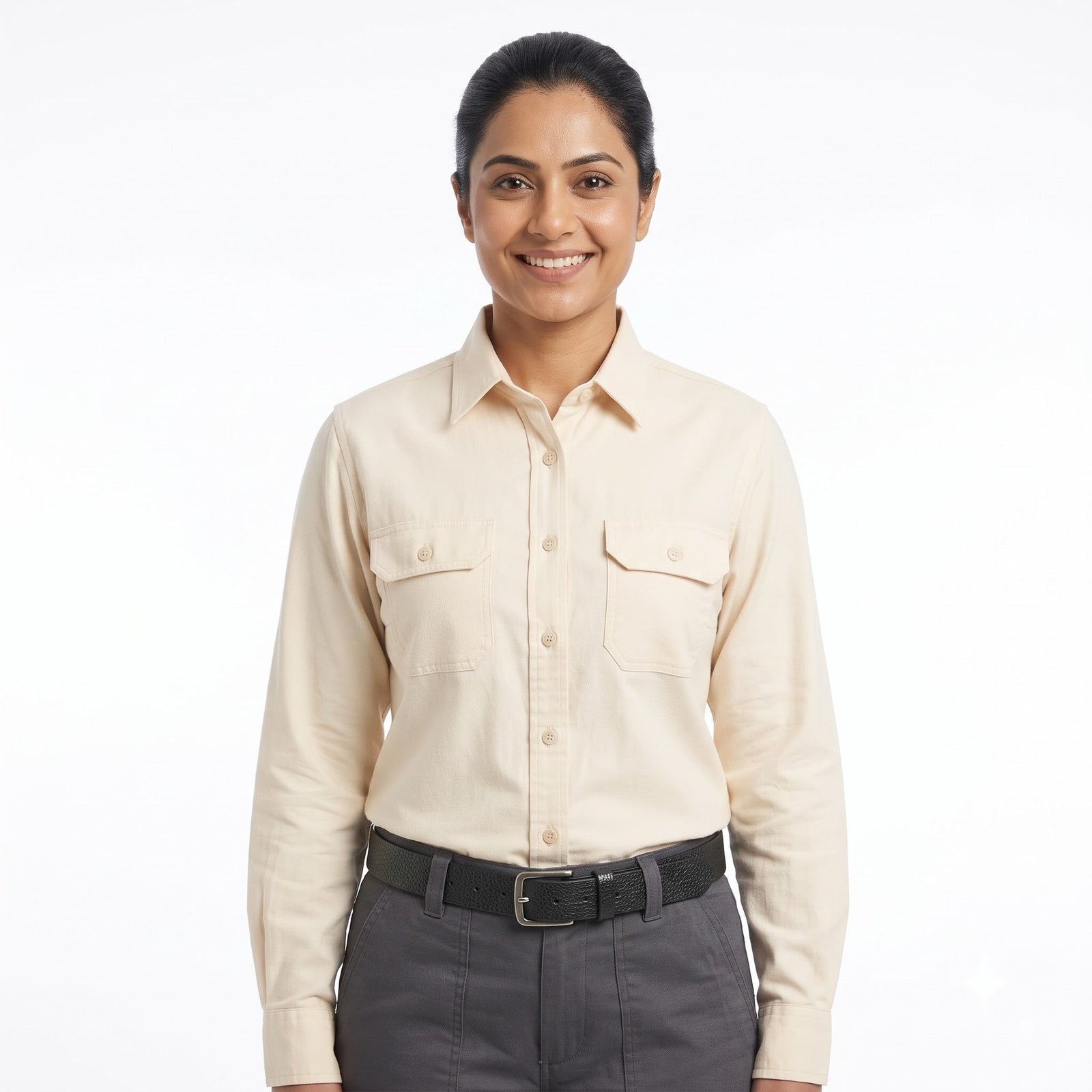 Men & Women Cream Shirt Dark Grey Trouser Work Uniform Set