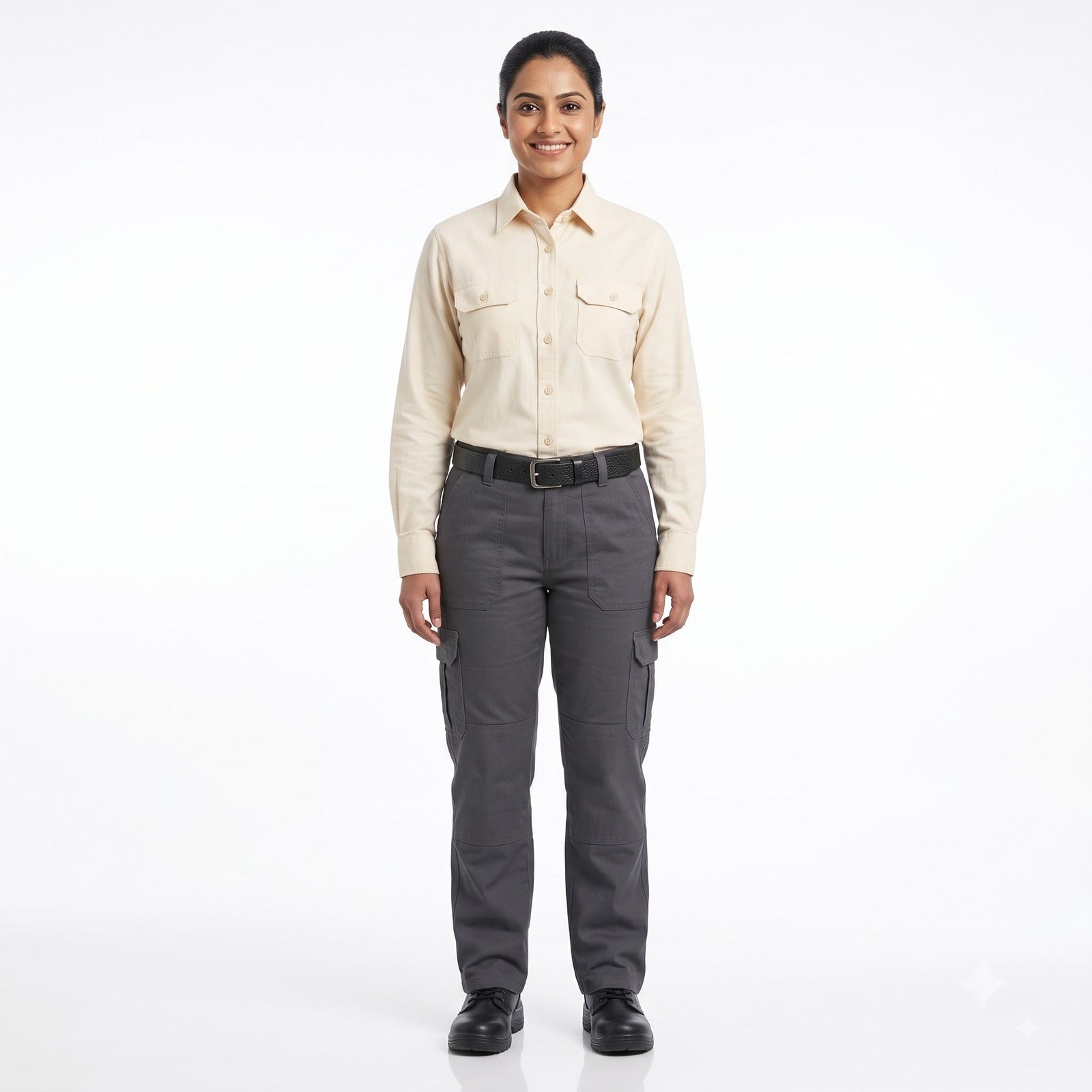Men & Women Cream Shirt Dark Grey Trouser Work Uniform Set