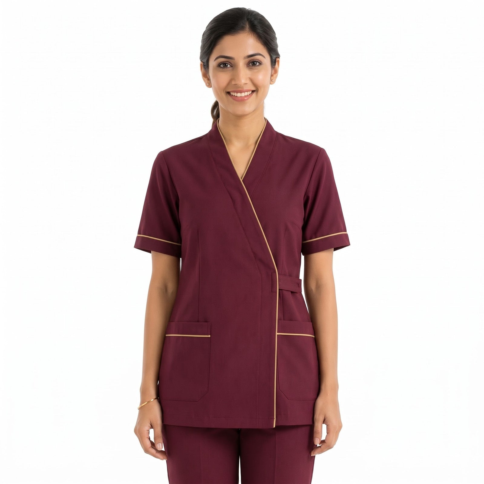 Burgundy Housekeeping Uniform with Gold Tipping