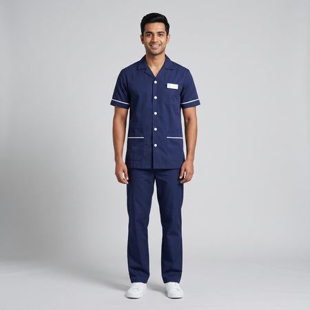 Navy blue Men's Nurse Uniform, Half Sleeve with White Piping