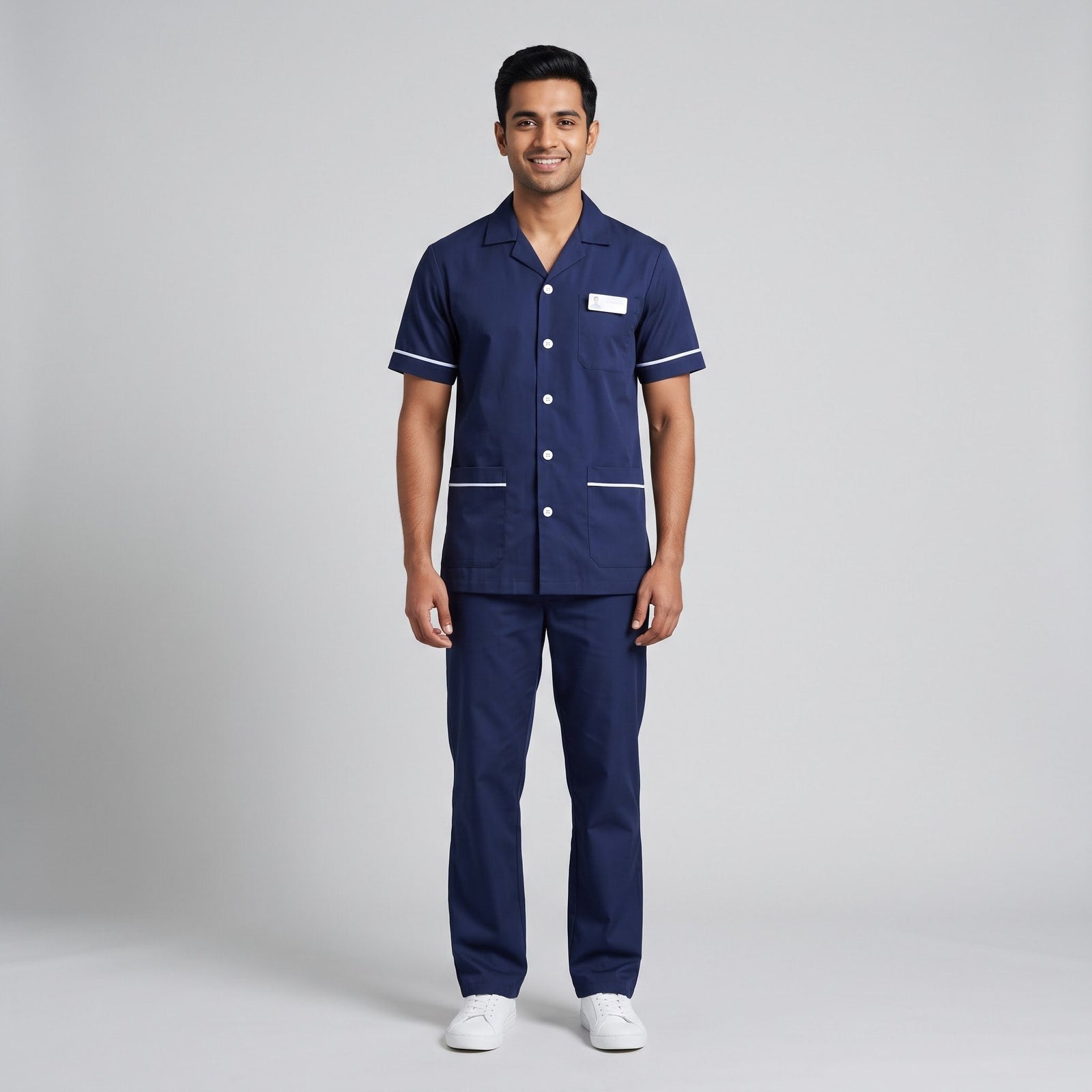 Navy blue Men's Nurse Uniform, Half Sleeve with White Piping