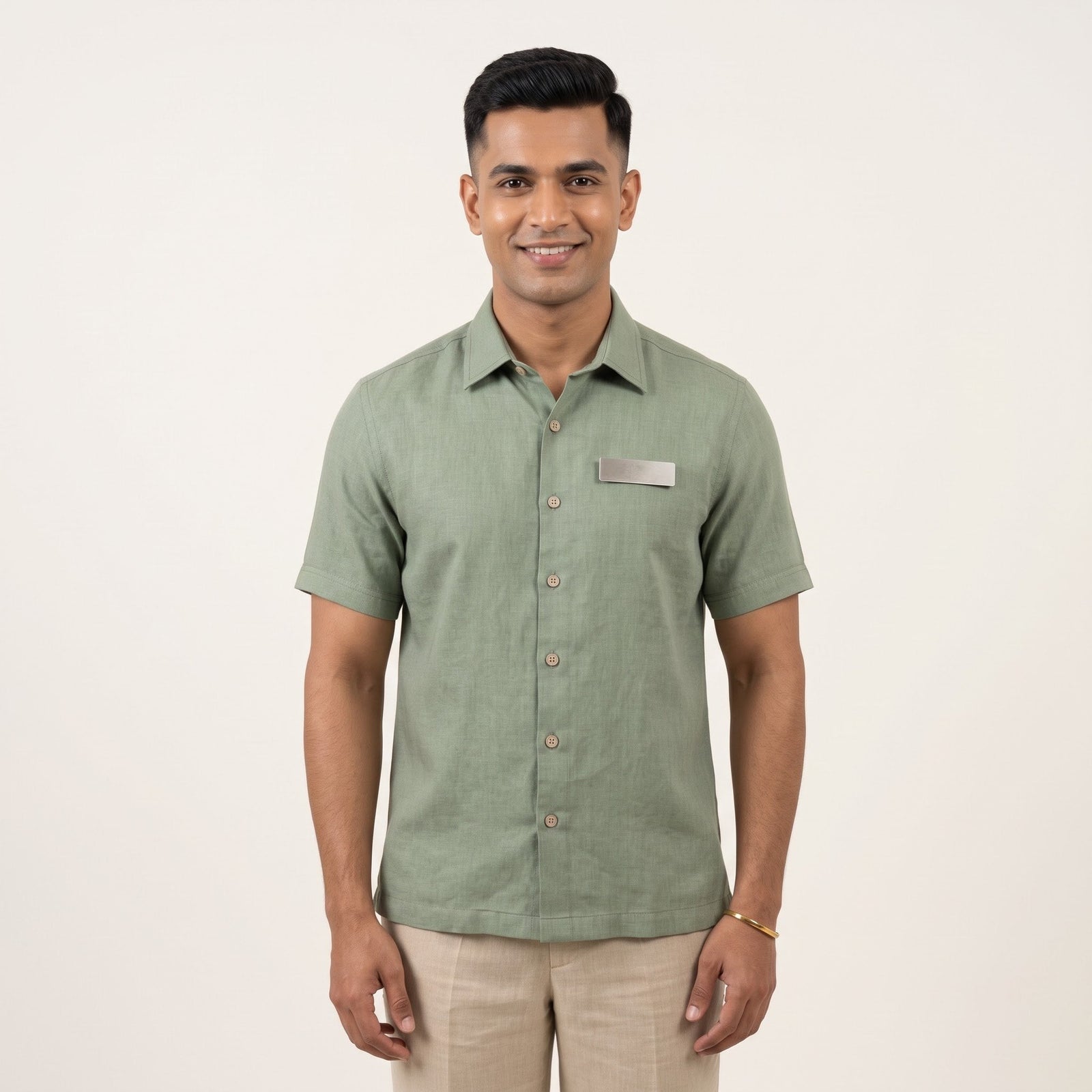 Sage Green Linen Shirt Resort Staff Uniform Set