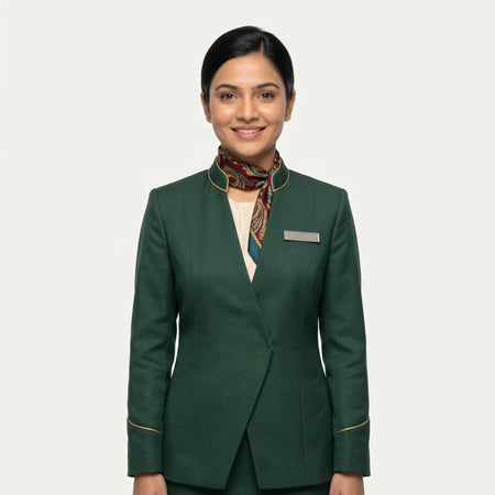 Women's Forest Green Gold-Piped Jacket Front Office Uniform Set